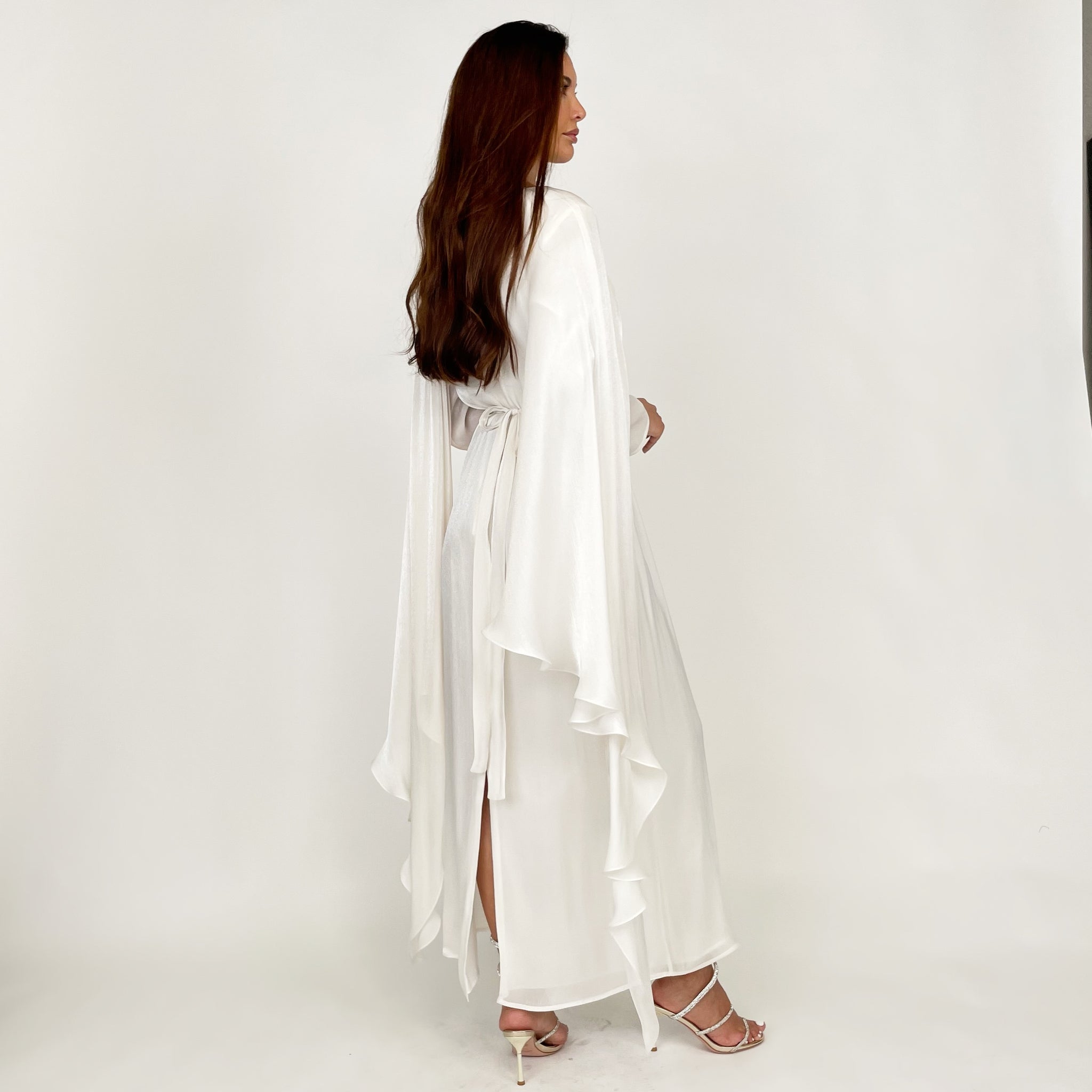 SS24 REEM OFF-WHITE DRAPE SHAWL EVENING DRESS