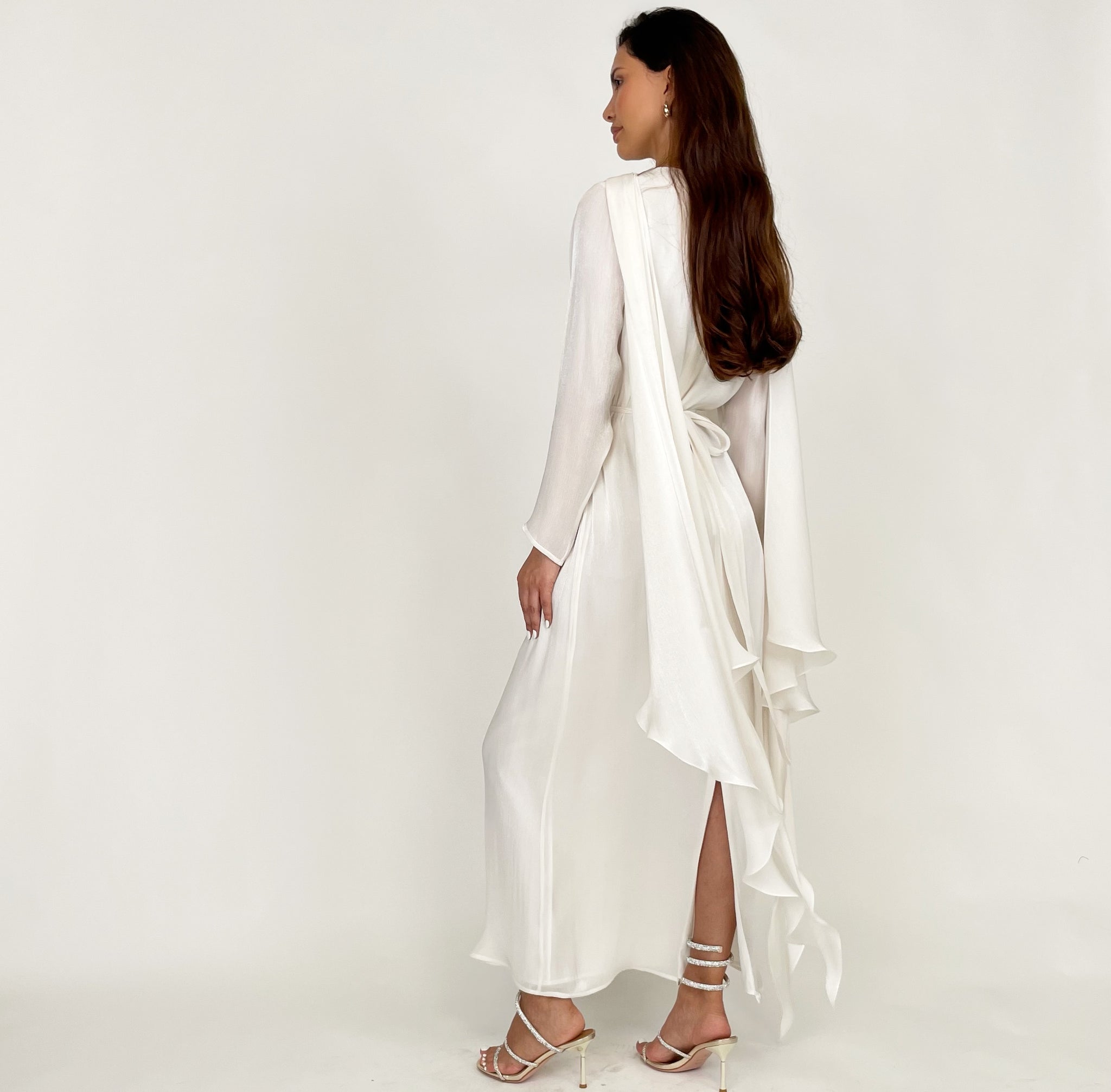 SS24 REEM OFF-WHITE DRAPE SHAWL EVENING DRESS