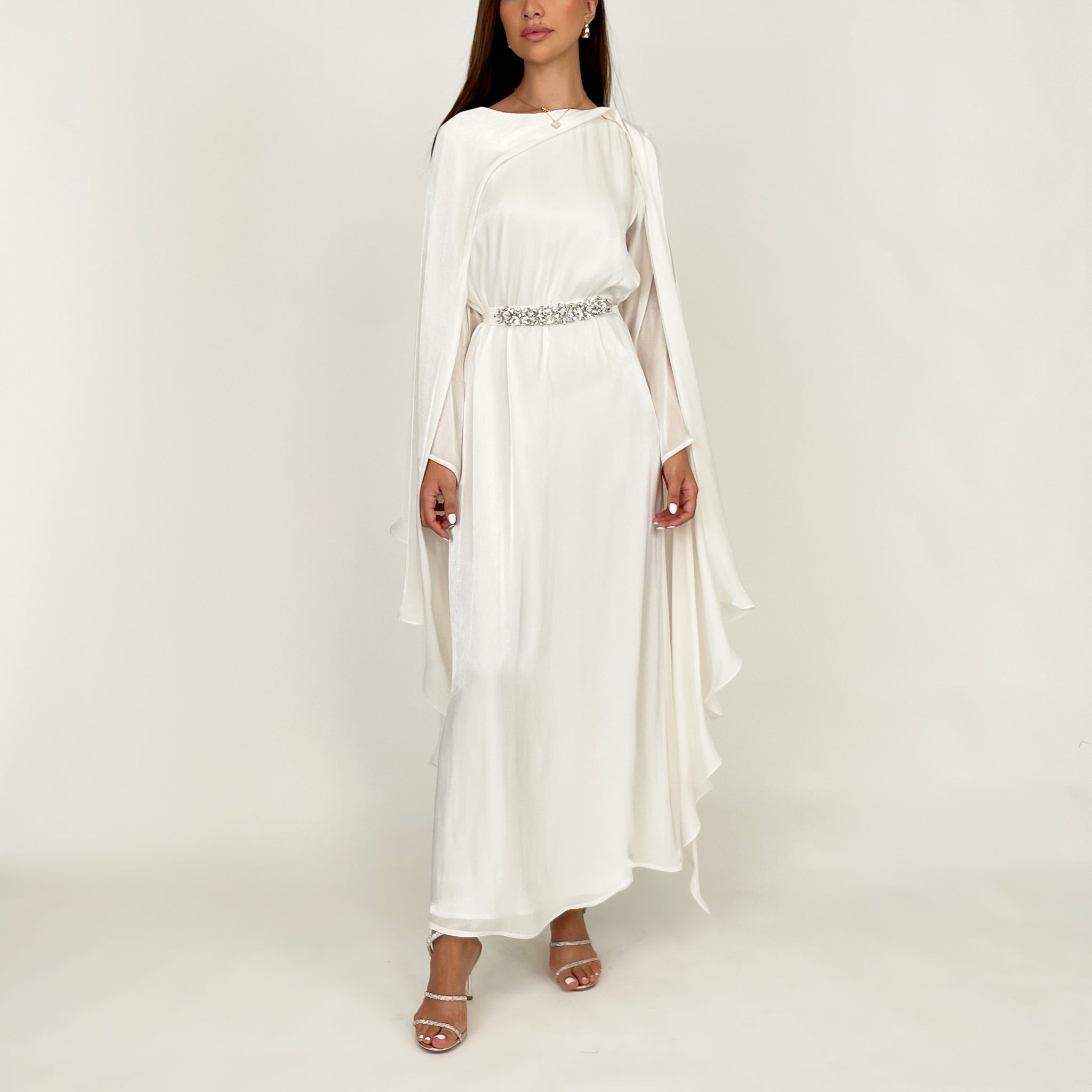 SS24 REEM OFF-WHITE DRAPE SHAWL EVENING DRESS