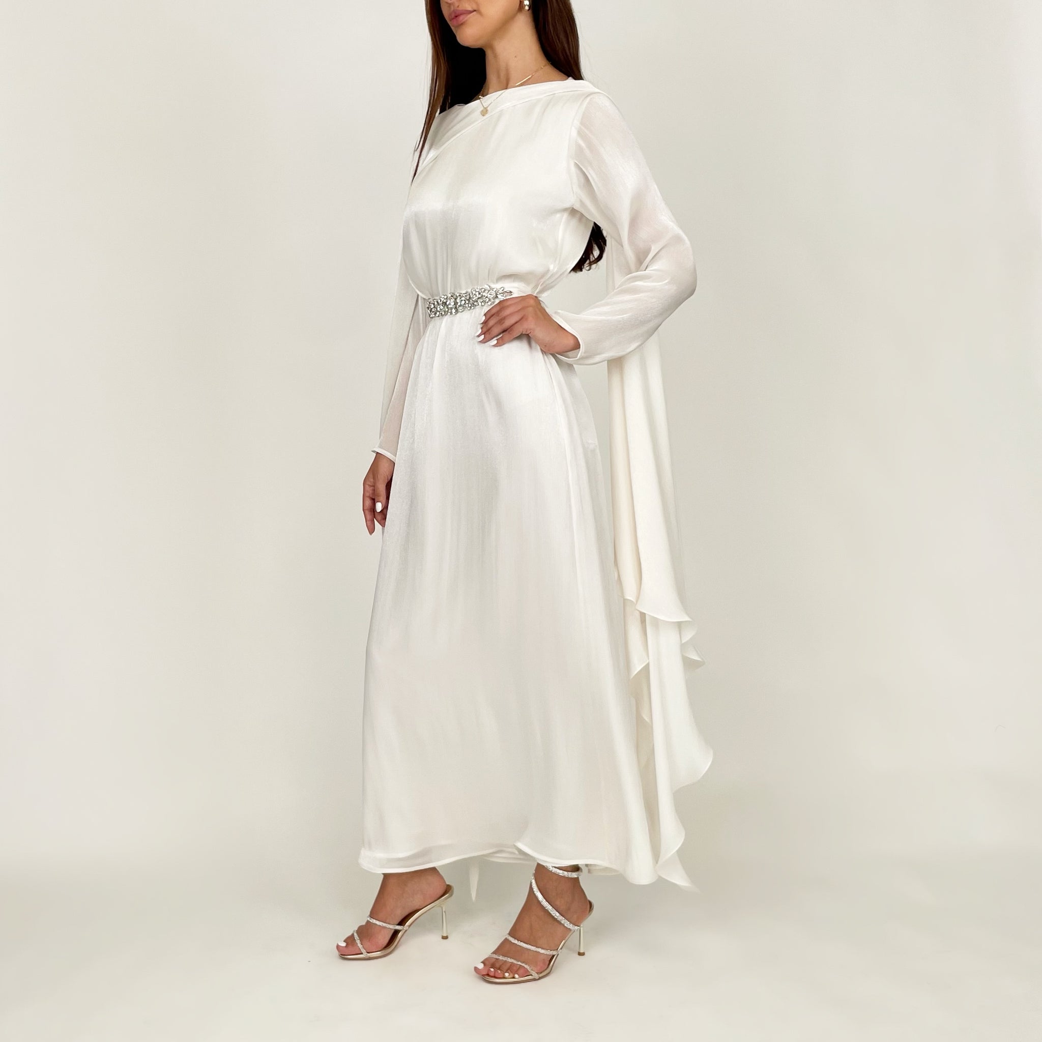 SS24 REEM OFF-WHITE DRAPE SHAWL EVENING DRESS