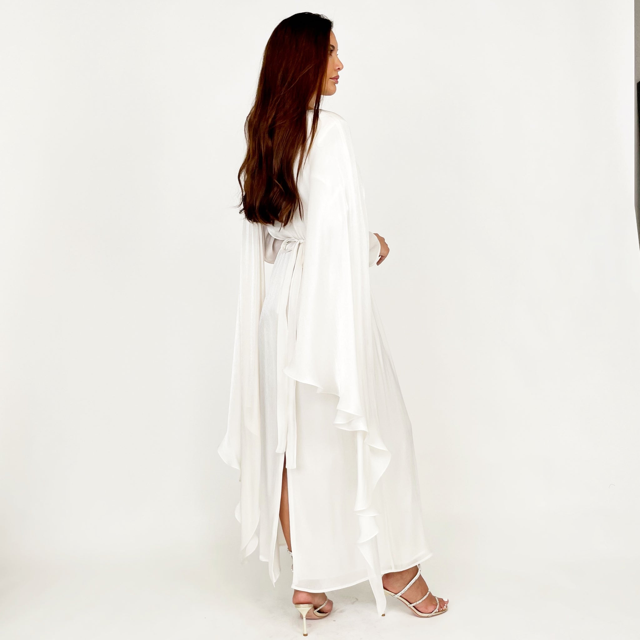 SS24 REEM OFF-WHITE DRAPE SHAWL EVENING DRESS