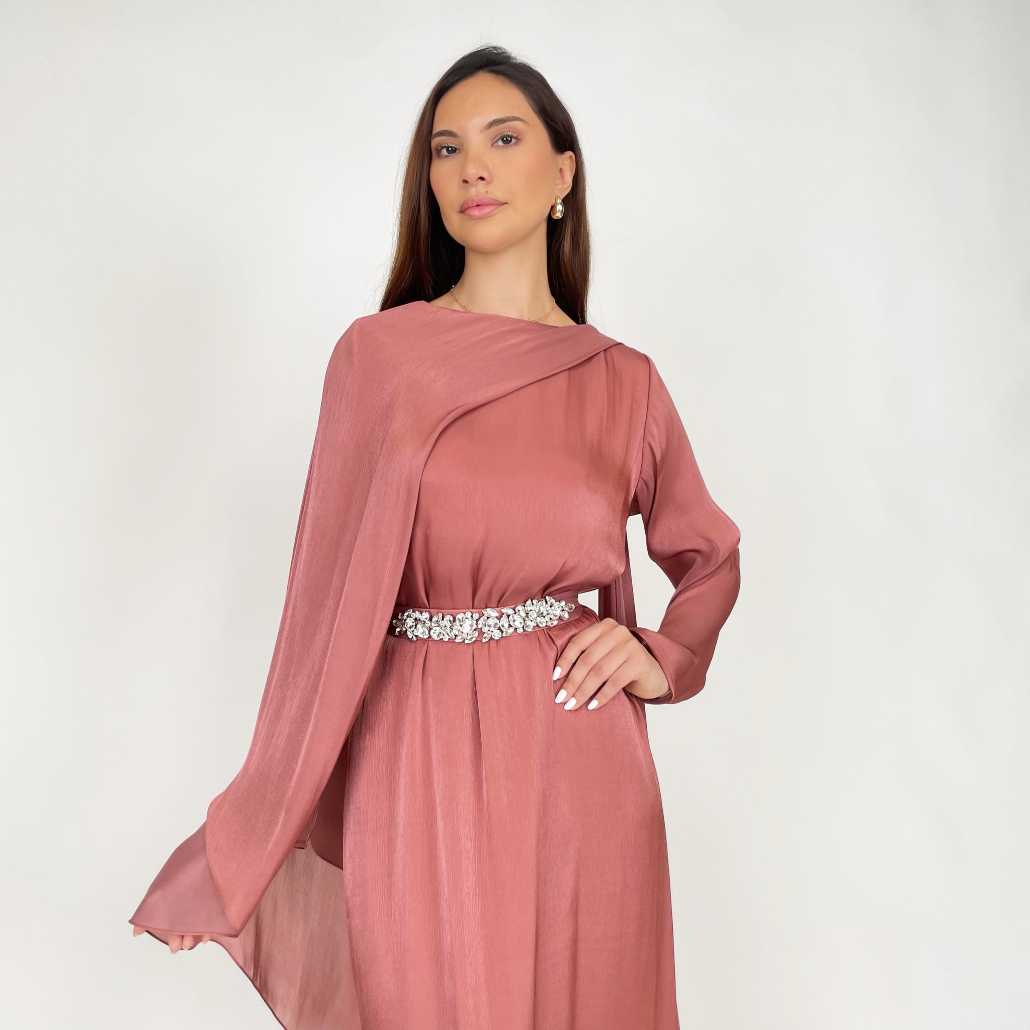 SS24 REEM TERRACOTTA DRAPE SHAWL EVENING DRESS