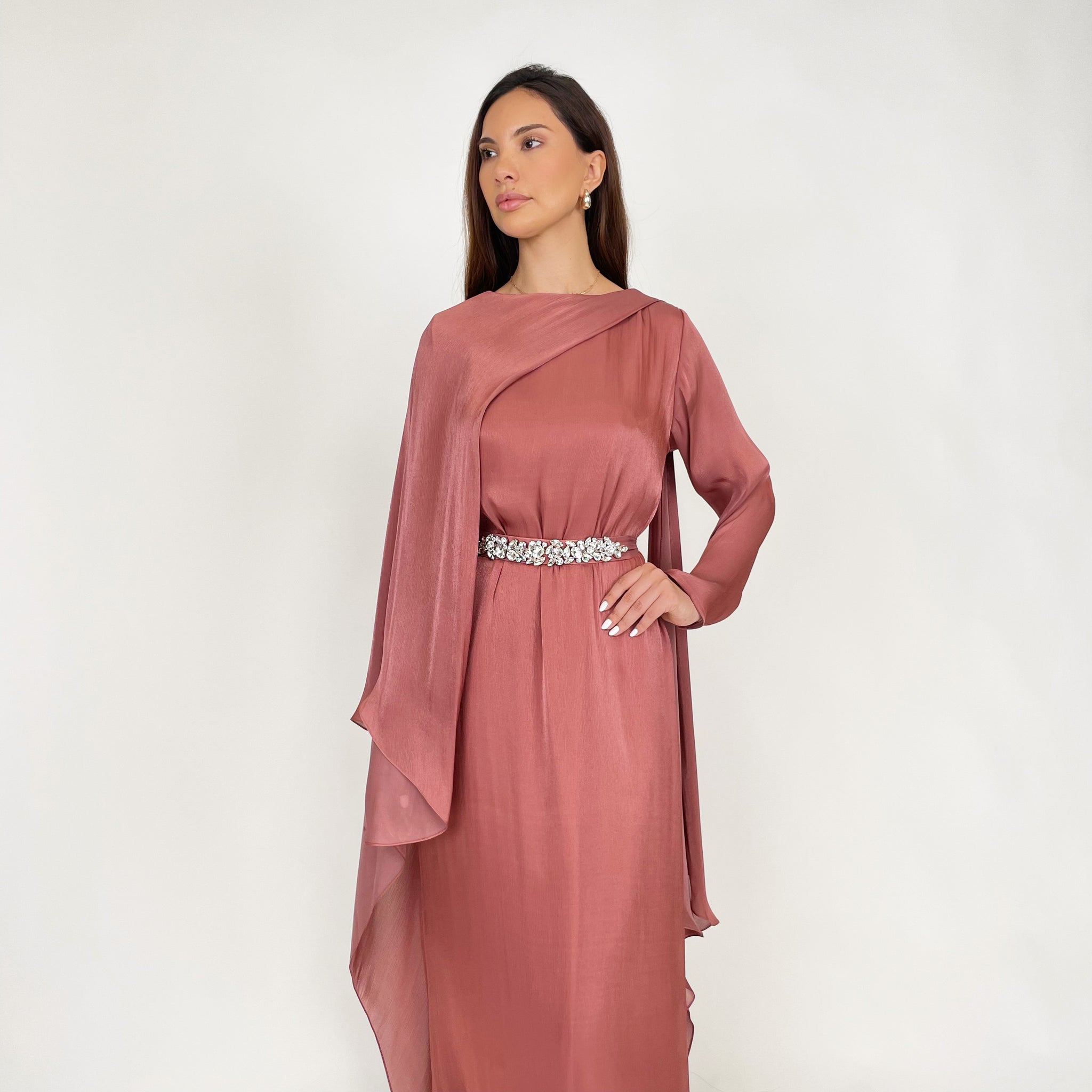 SS24 REEM TERRACOTTA DRAPE SHAWL EVENING DRESS