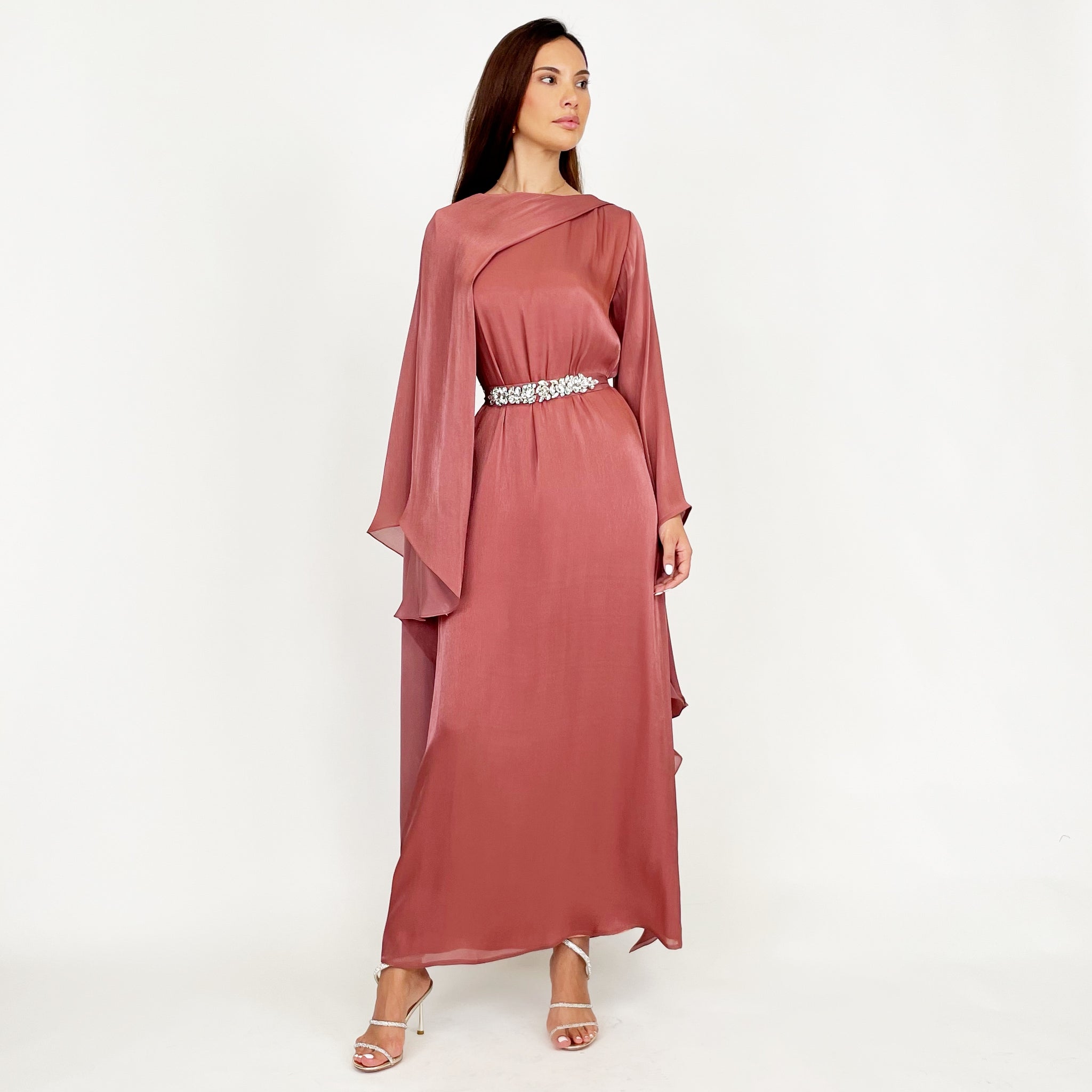 SS24 REEM TERRACOTTA DRAPE SHAWL EVENING DRESS