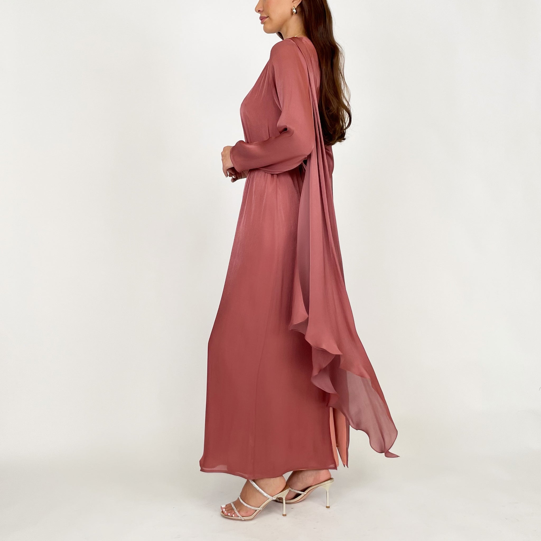 SS24 REEM TERRACOTTA DRAPE SHAWL EVENING DRESS