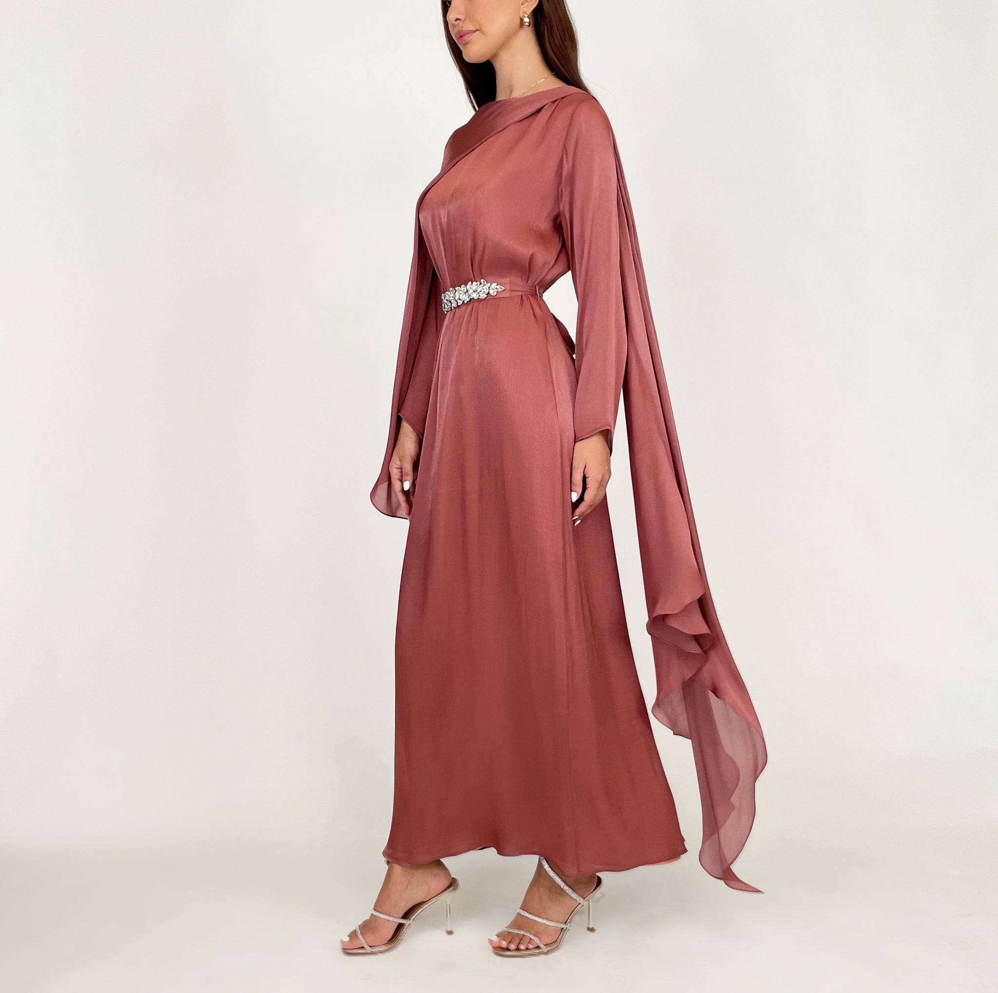 SS24 REEM TERRACOTTA DRAPE SHAWL EVENING DRESS