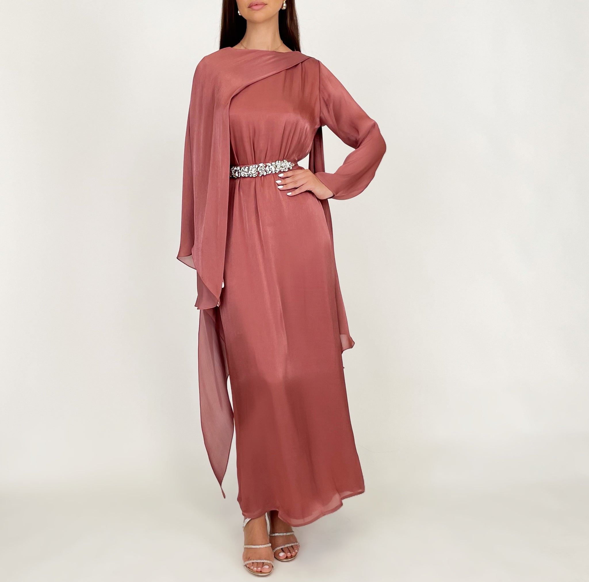 SS24 REEM TERRACOTTA DRAPE SHAWL EVENING DRESS