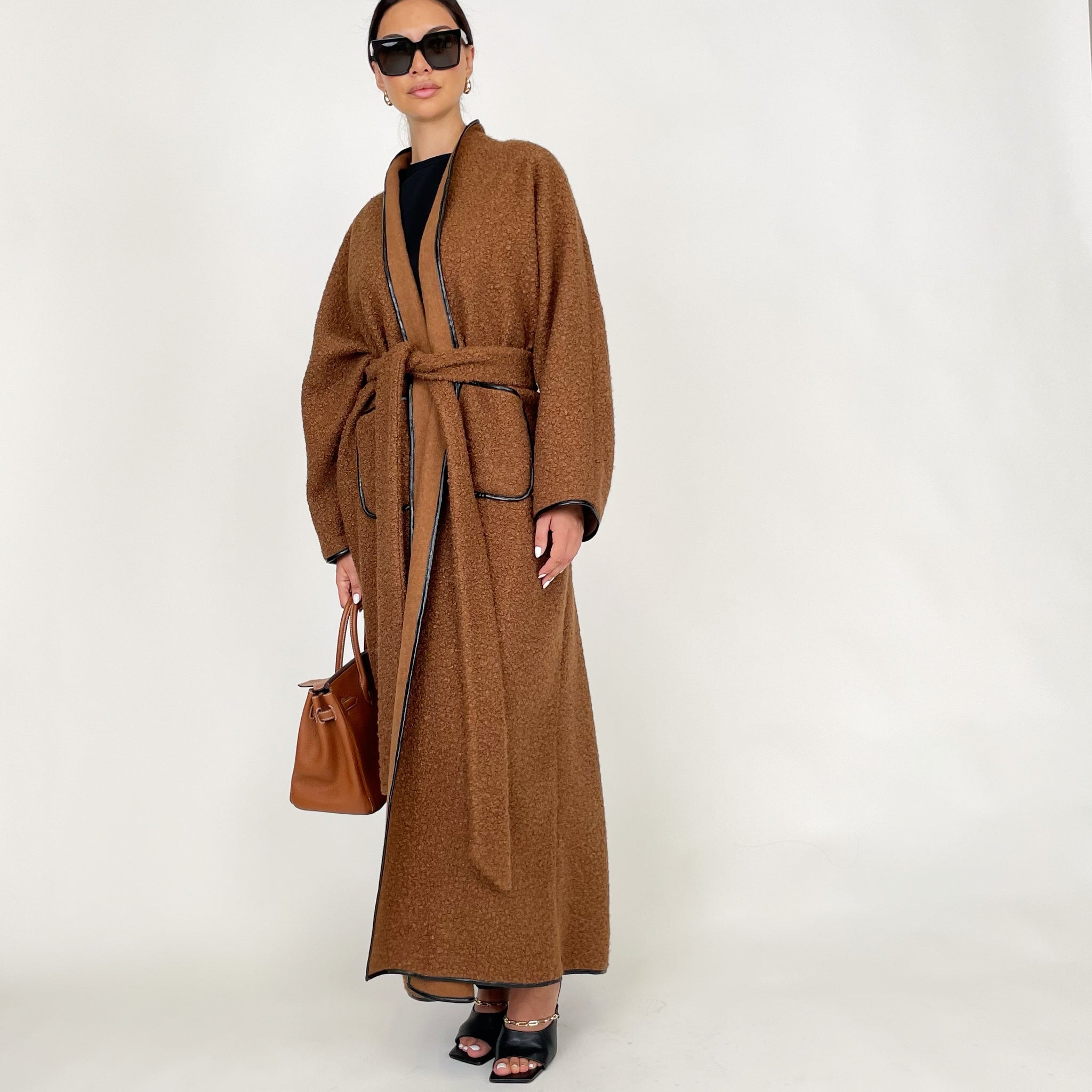 AW24 BROWN REVERSE COLLAR BLANKET ABAYA OVERCOAT