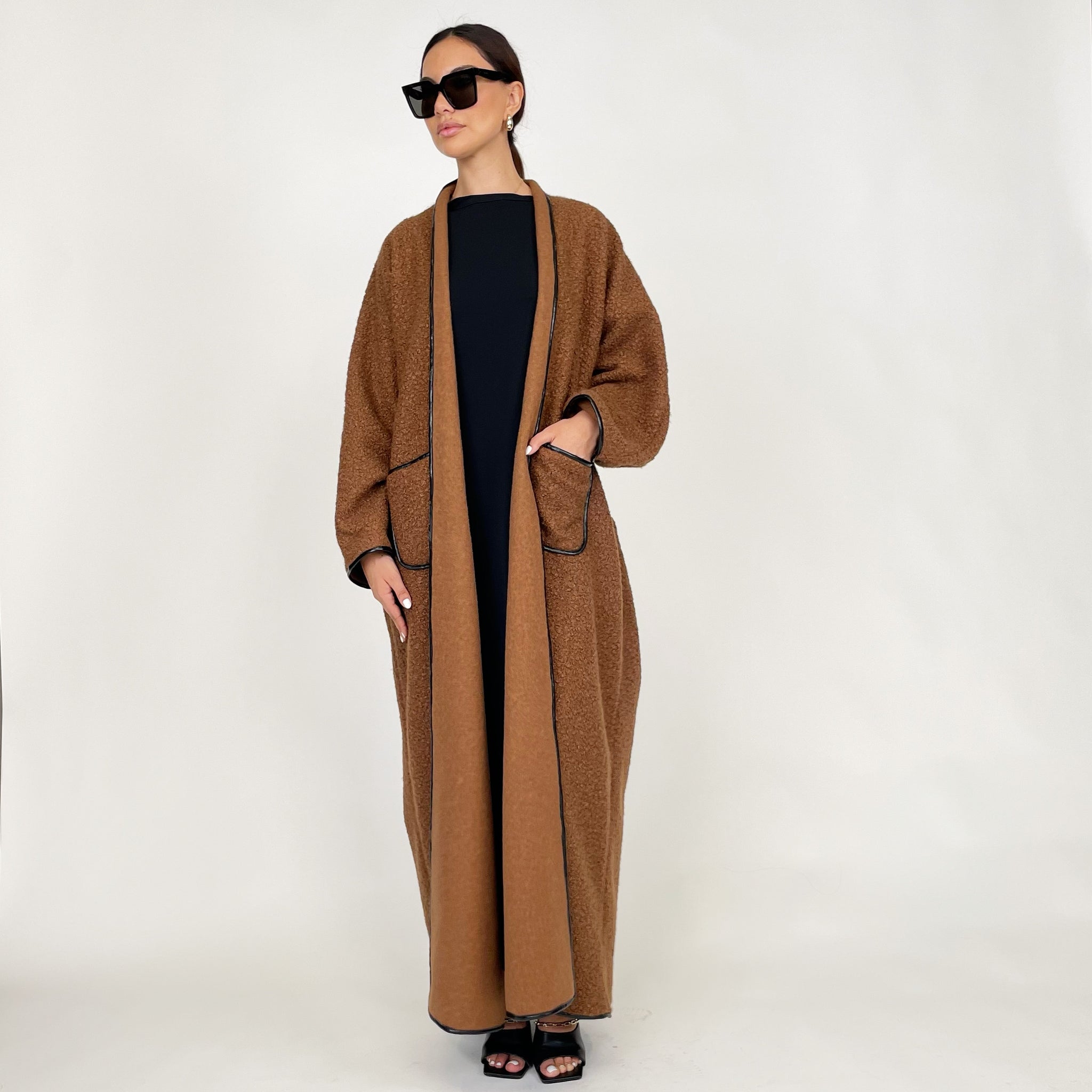 AW24 BROWN REVERSE COLLAR BLANKET ABAYA OVERCOAT