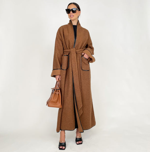 AW24 BROWN HIGH NECK BLANKET ABAYA OVERCOAT