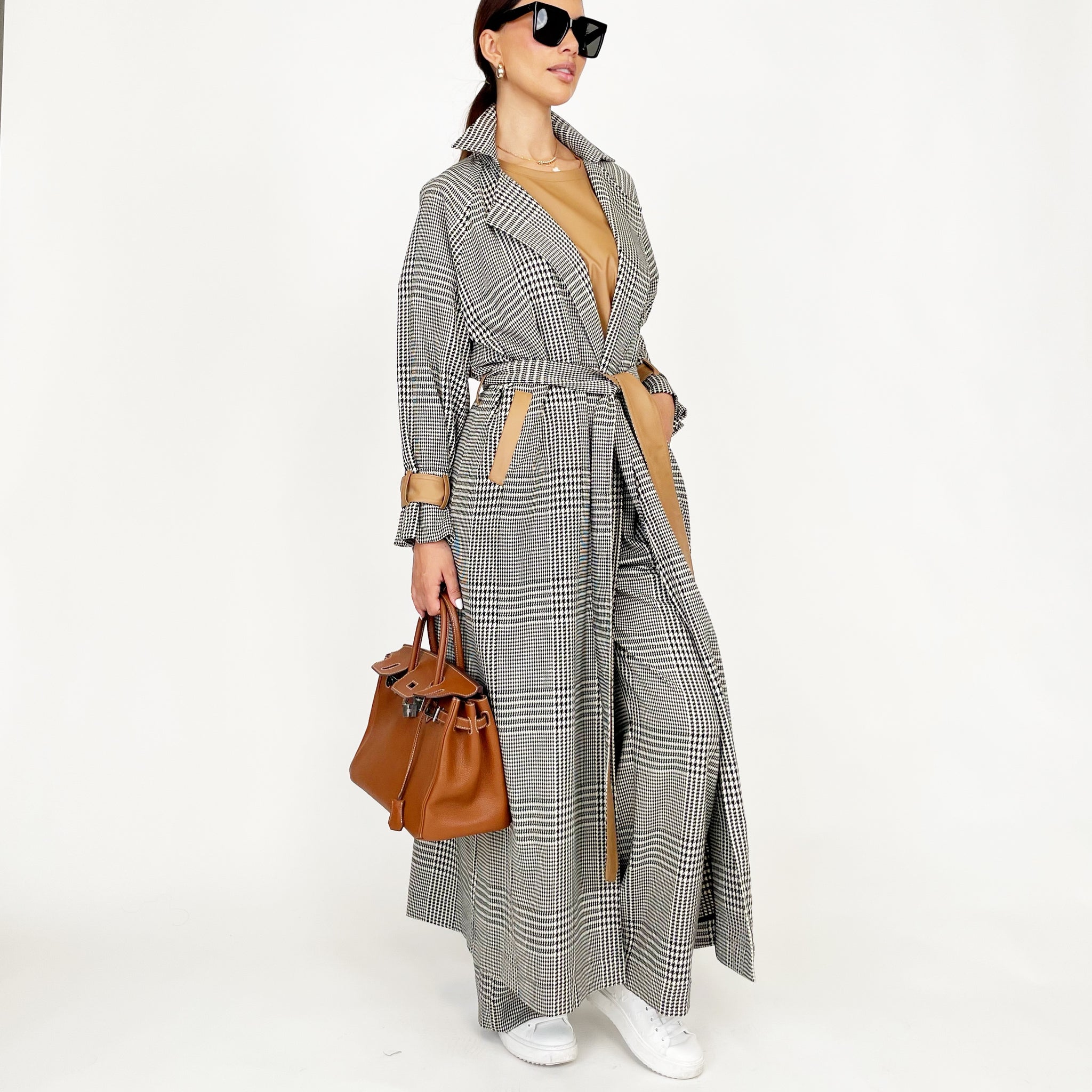 AW24 PRINCE OF WALES CHECK TWILL WOOL TRENCH ABAYA SET