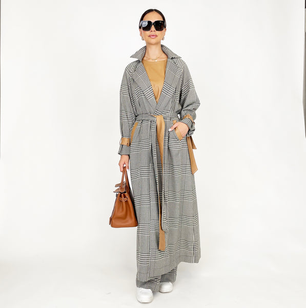 AW24 PRINCE OF WALES CHECK TWILL WOOL TRENCH ABAYA SET