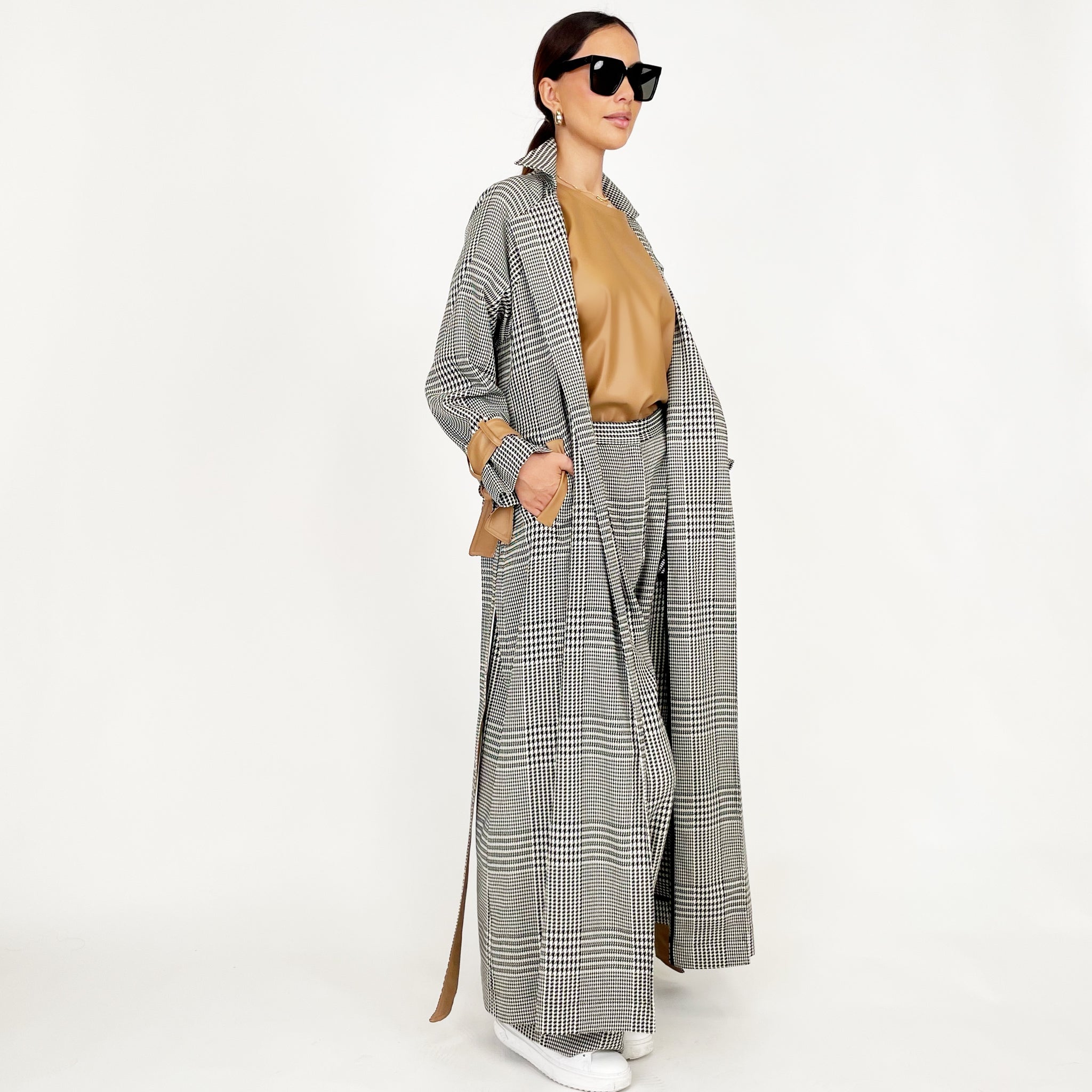 AW24 PRINCE OF WALES CHECK TWILL WOOL TRENCH ABAYA SET