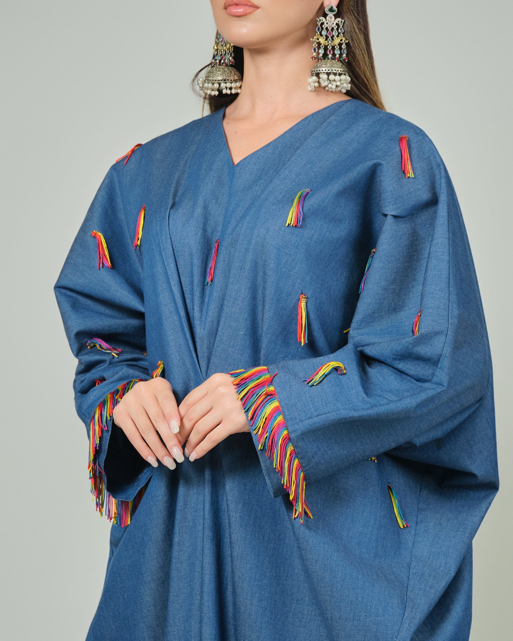 RAM25 JAMILA DENIM KAFTAN WITH FRINGES