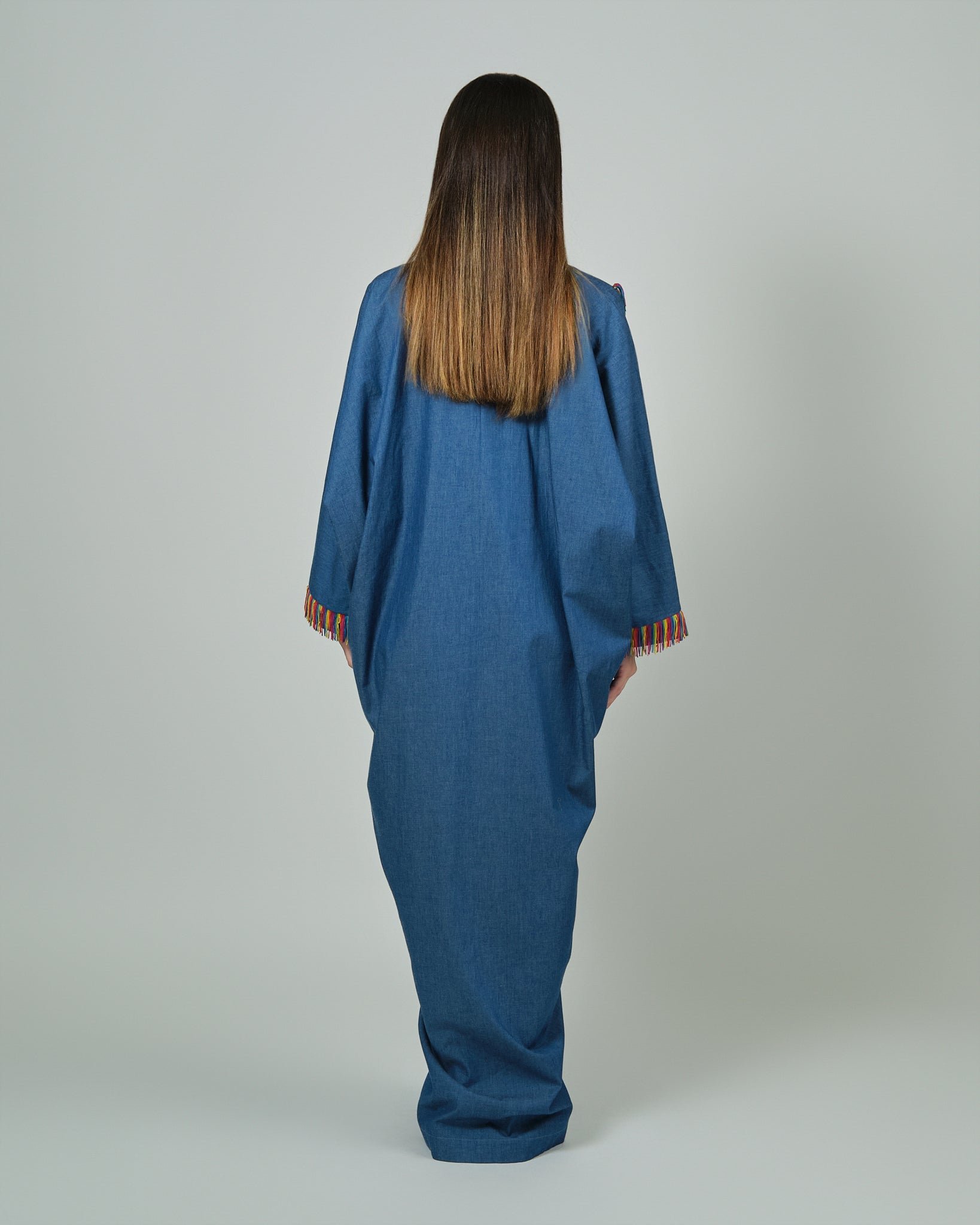 RAM25 JAMILA DENIM KAFTAN WITH FRINGES