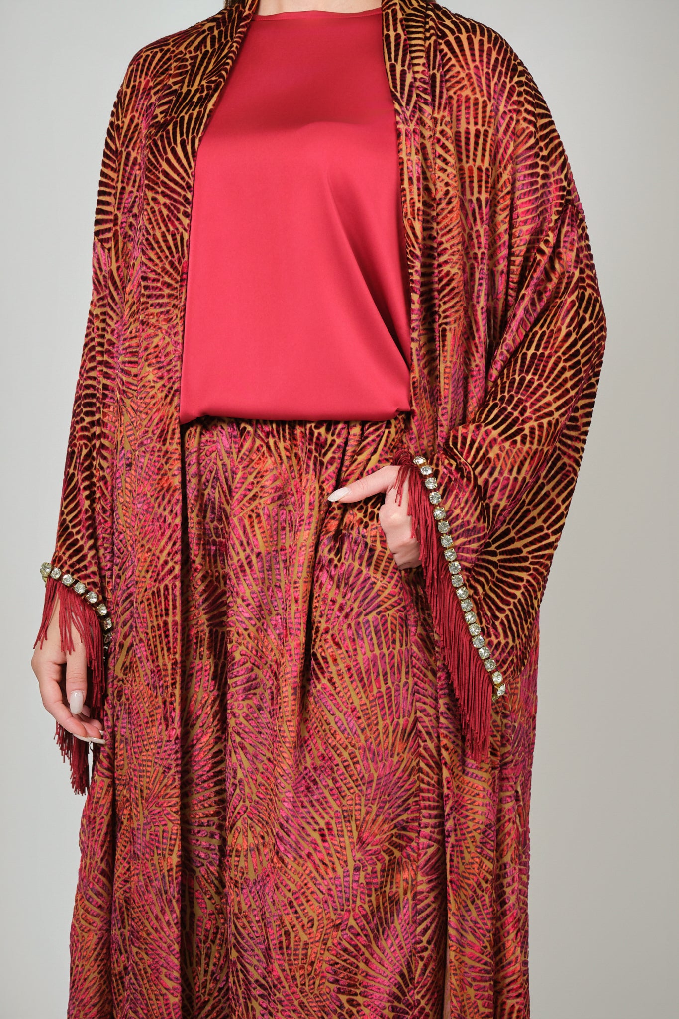 RAM25 ELISE RED DEVORÉ ABAYA PALAZZO SET