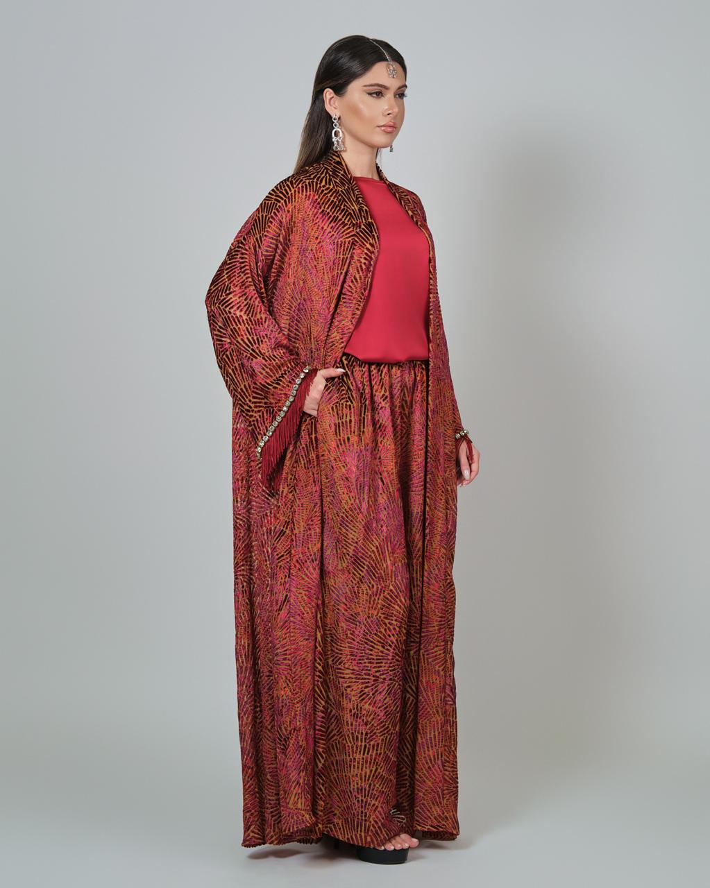 RAM25 ELISE RED DEVORÉ ABAYA PALAZZO SET