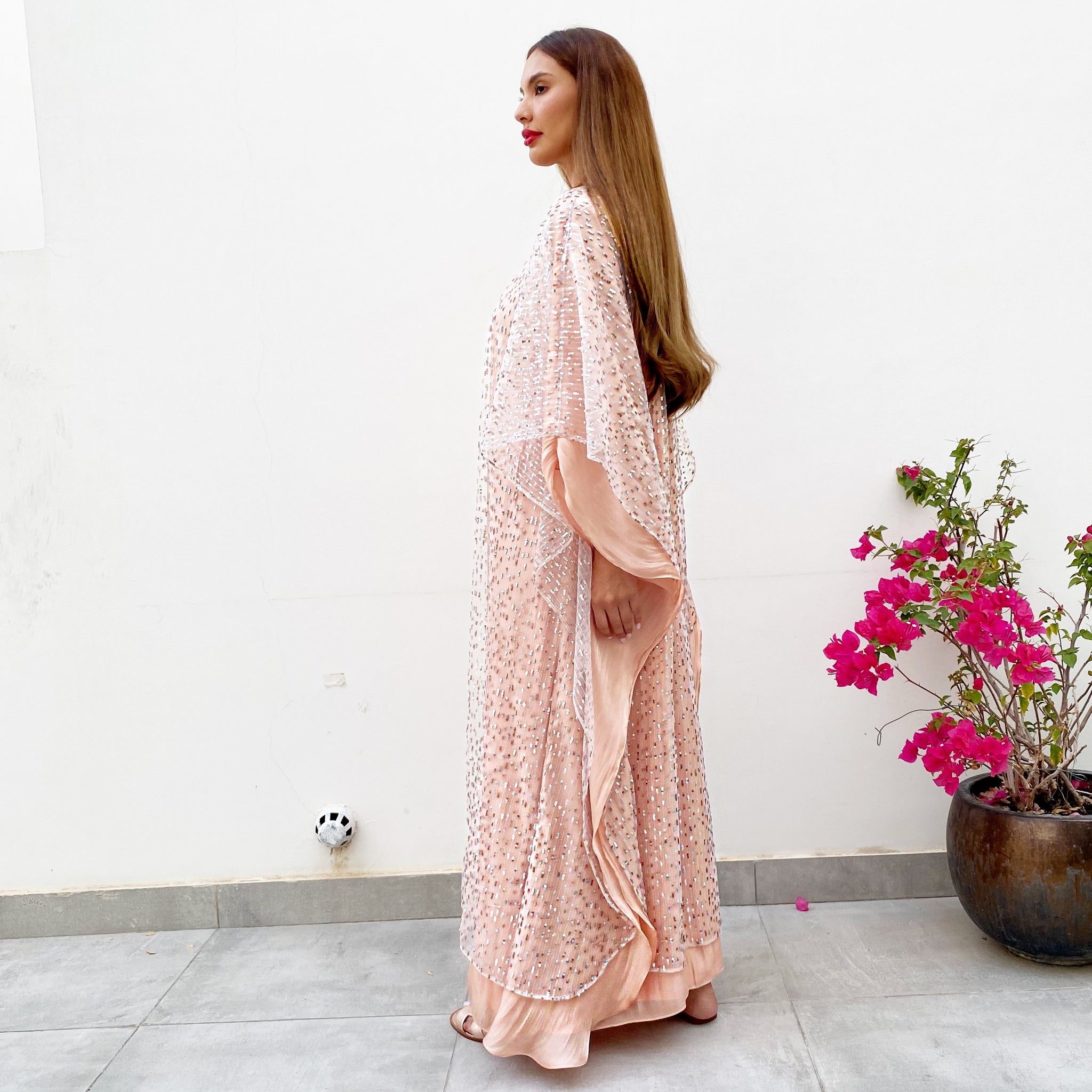 RAM21  SAMEERA PALE PEACH TULLE & SEQUINS KAFTAN