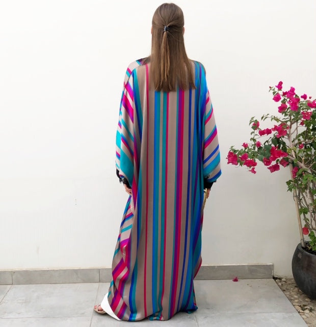 RAM19 Striped Silk Mix Caftan Abaya with French Lace – Qabeela