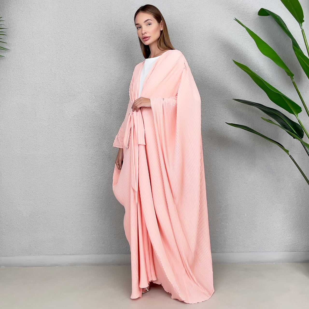 RAM23 PLEATED SALMON ABAYA WITH BELT